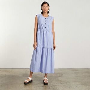 Everlane (XS) Tiered Midi Dress- Blue/White Striped Sleeveless Coastal Pockets